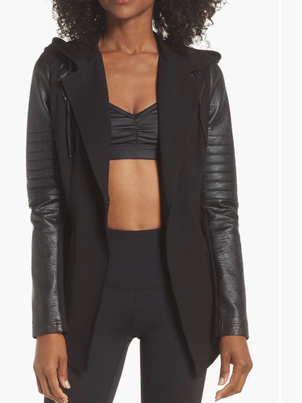blanc noir Black Hooded Mixed-Material Jacket with Quilted Sleeves